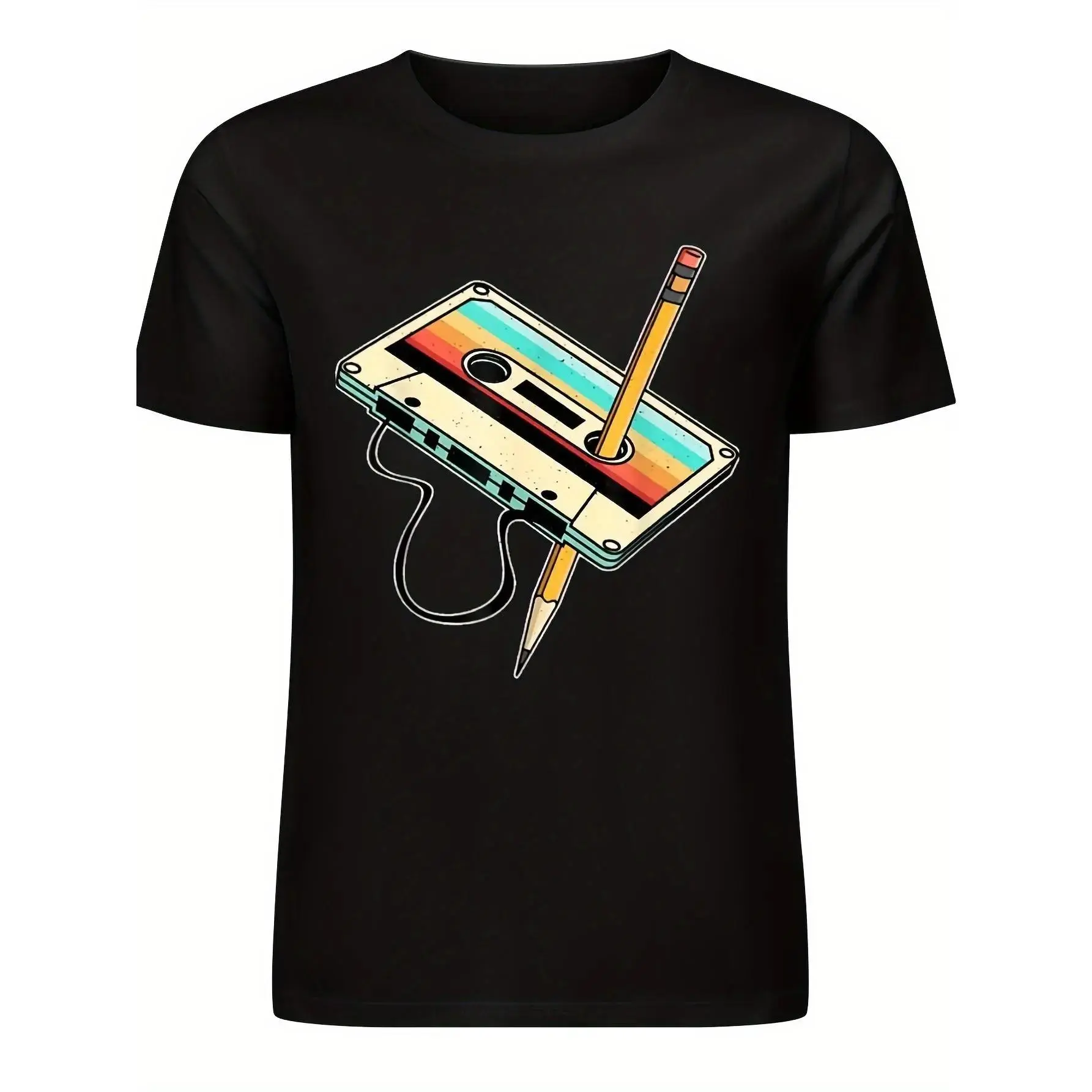 80S Cassette Tape Pencil 1980S Retro Nostalgic Music T-Shirt - Men'S Casual Round Neck T-Shirt - Pure Cotton Material - The Fabric Is Comfortable And Breathable - Great Gift