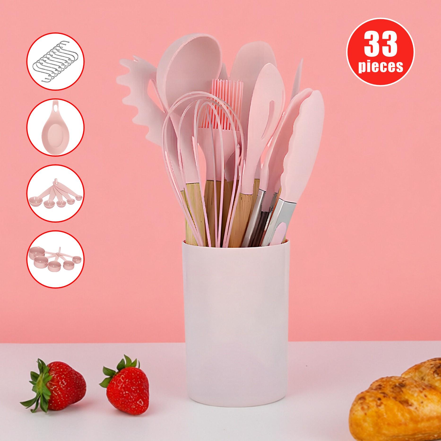 Kitchen Knife Set with Heat-Resistant SiliconeUtensils and Wooden Handles ldeal Gift forWomen on New Year, Valentine's Day 33-PieceSilicone Cooking Utensils Kitchen Utensils Set446 °Heat-resistant Spatula Clip for Heat-resistant Cookware