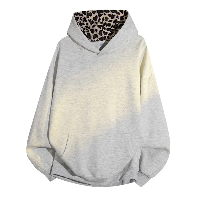 Men's Casual Fleece Hoodie, Retro Pullover Sweatshirt with Leopard Print Lined Hood and Kangaroo Pocket, Heather Grey Everyday Top, Everyday Tops, Male Clothing, Fitted