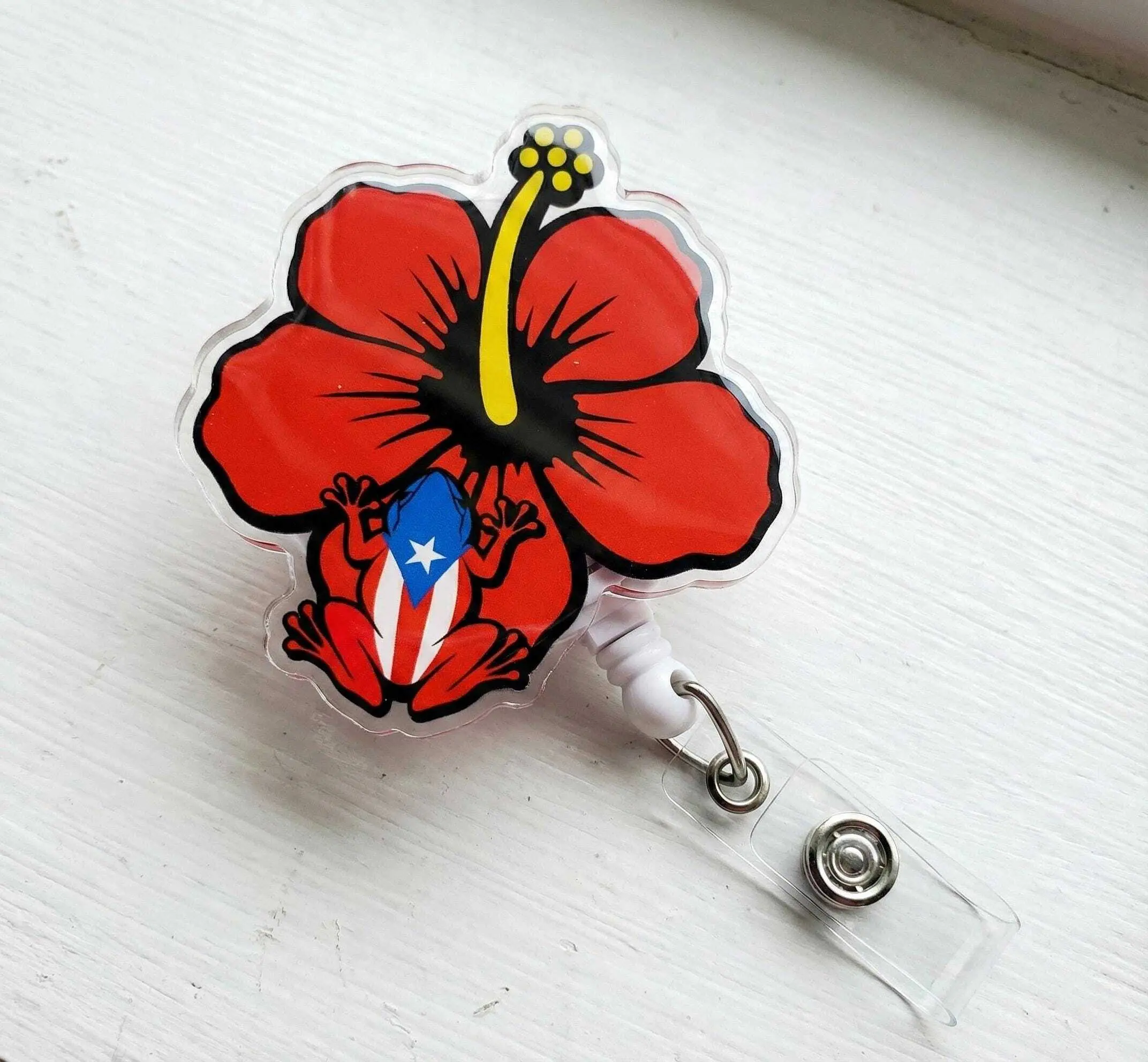 Flor de maga con coqui badge reel Puerto Rico ID holder Flor de maga con coqui badge reel Puerto Rico ID holder