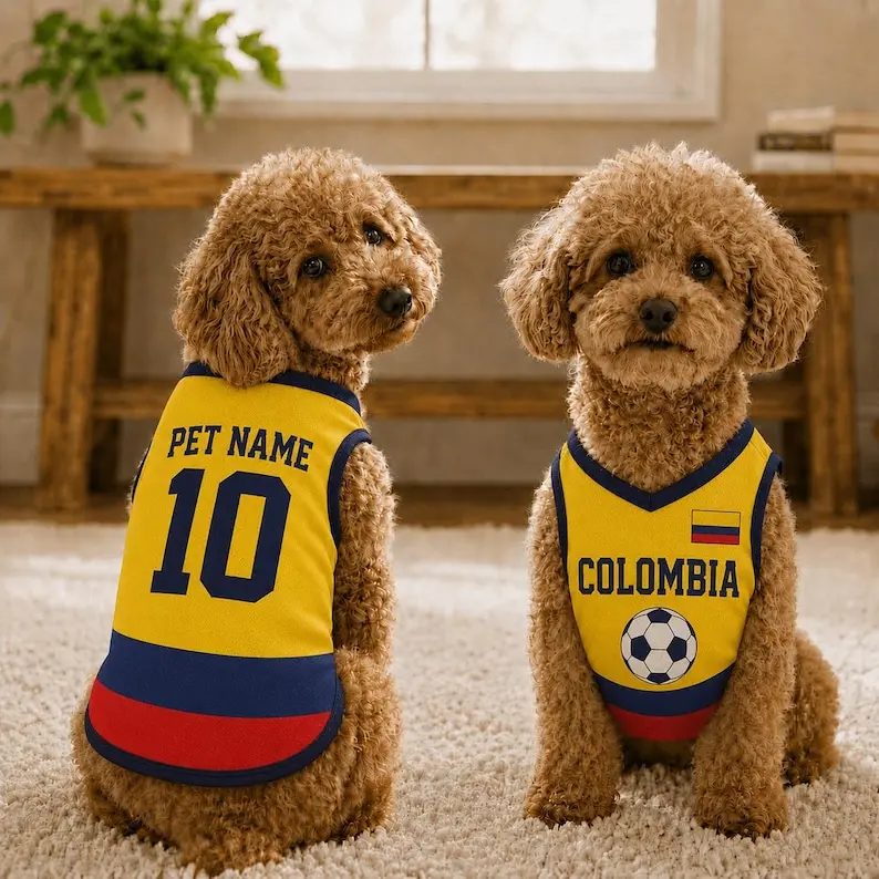 Personalized Colombia Pet Soccer Jersey, Soccer Outfit for Dogs Cats, Colombia Football Shirt Name Number, Cute Puppy Sportswear
