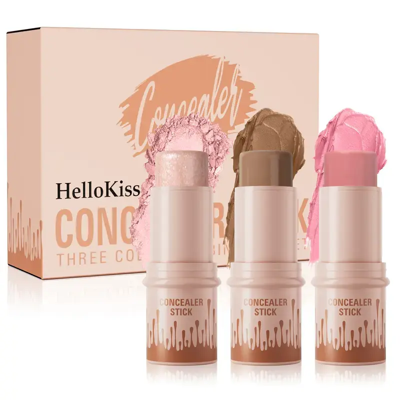 Long-lasting concealer stick, 3 highlighters, sweat and transfer, blush and contour Lightweight waterproof formula for women and girls - bronzer makeup, durable cosmetic charm A（02#+08#+10#)