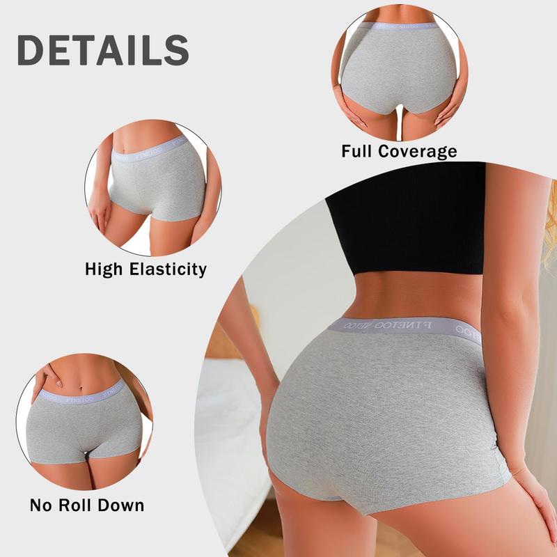 FINETOO 6 Pack Cotton Boyshorts for Women – Full Coverage, Breathable Boxer Briefs with Letter Waistband, Comfortable & Skin-Friendly Underwear for Everyday or Bridal Wear