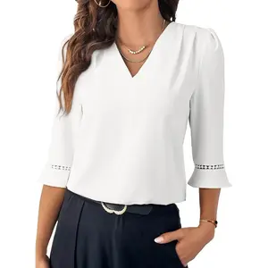 3/4 Length Sleeve Womens Tops with Button Cuffs Dressy Casual V Neck Summer Outfits Early Fall Fashion Clothes