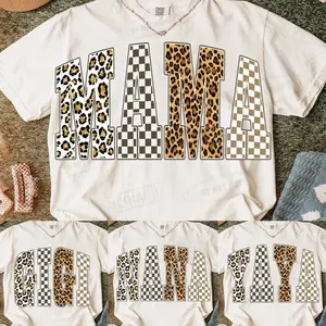 Comfort Colors Leopard Mama Bundle T Shirt, Gigi Nana Yaya, Checkered Family Tee, Retro Mama Gift Graphic Tee Cotton Fabric Fit Top Womenswear Soft