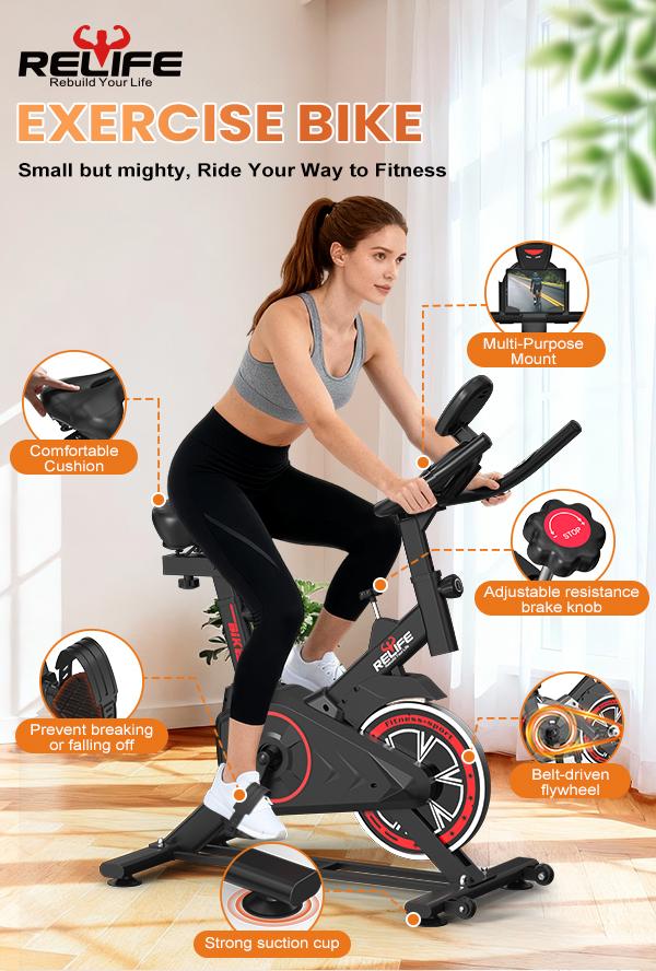 Relife Sports Stationary Exercise Bike Indoor Cycling Bike for Cardio Workout, with Comfortable Seat Cushion, LCD Monitor for Home Training Bike 330LBS Capacity of Exercise Bike with Silent Belt Drive