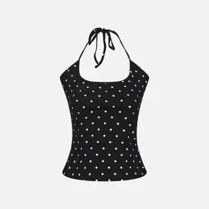 Aelfric Eden Polka Dot Halter Cami Top Slim Fit Classic Polka Dot Print Halter Neck Tie Detail  Y2K Retro Streetwear Top