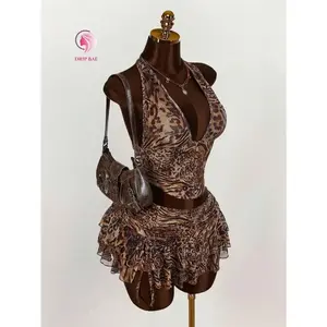 Drip Bae  Women's Halter Backless Leopard Print Tank Top And Fashionable Low Waist Skirt Set Clothes Fit
