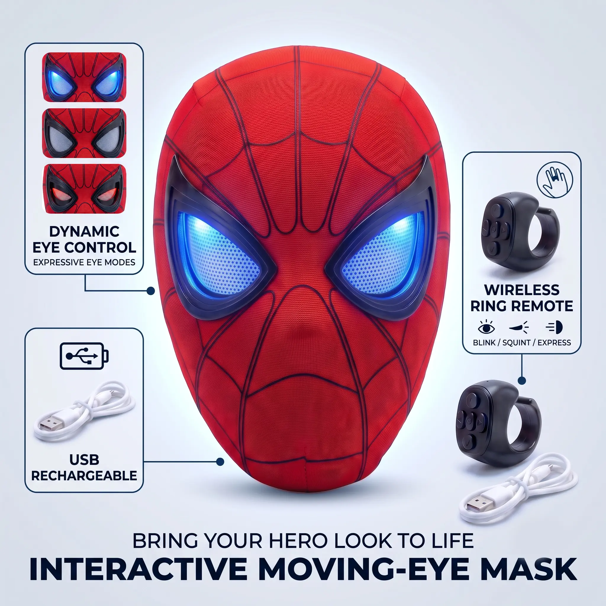 Cool Hero Mask - Remote Control Skin-friendly Red & BlueLights - Perfect for Cosplay, Halloween, Festivals, Parties -26cm x 19cm x 11cm - Plastic Material