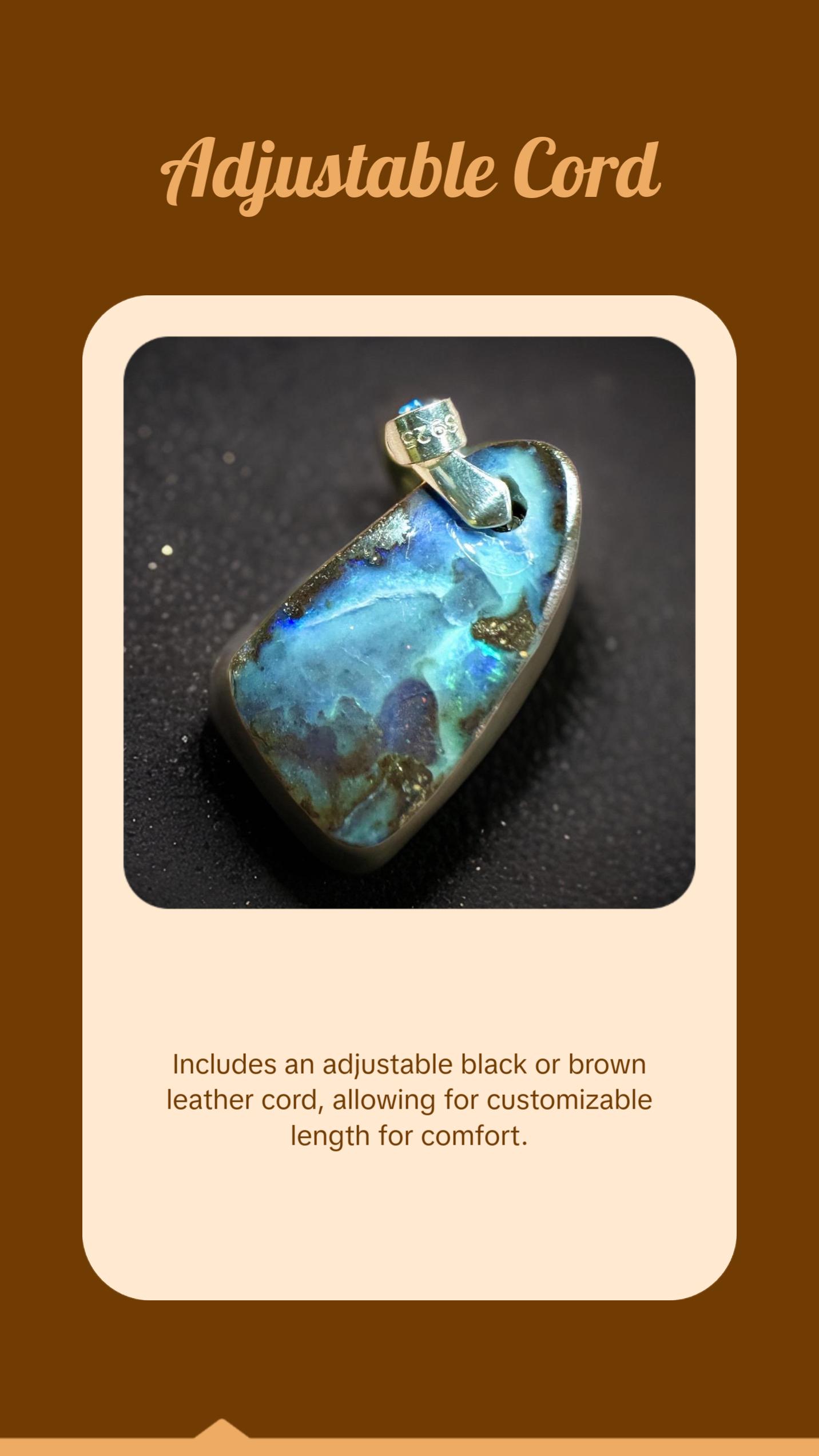 Blue Australian Boulder Opal Pendant Necklace, .925 Sterling Silver. 15ct Unisex Design
