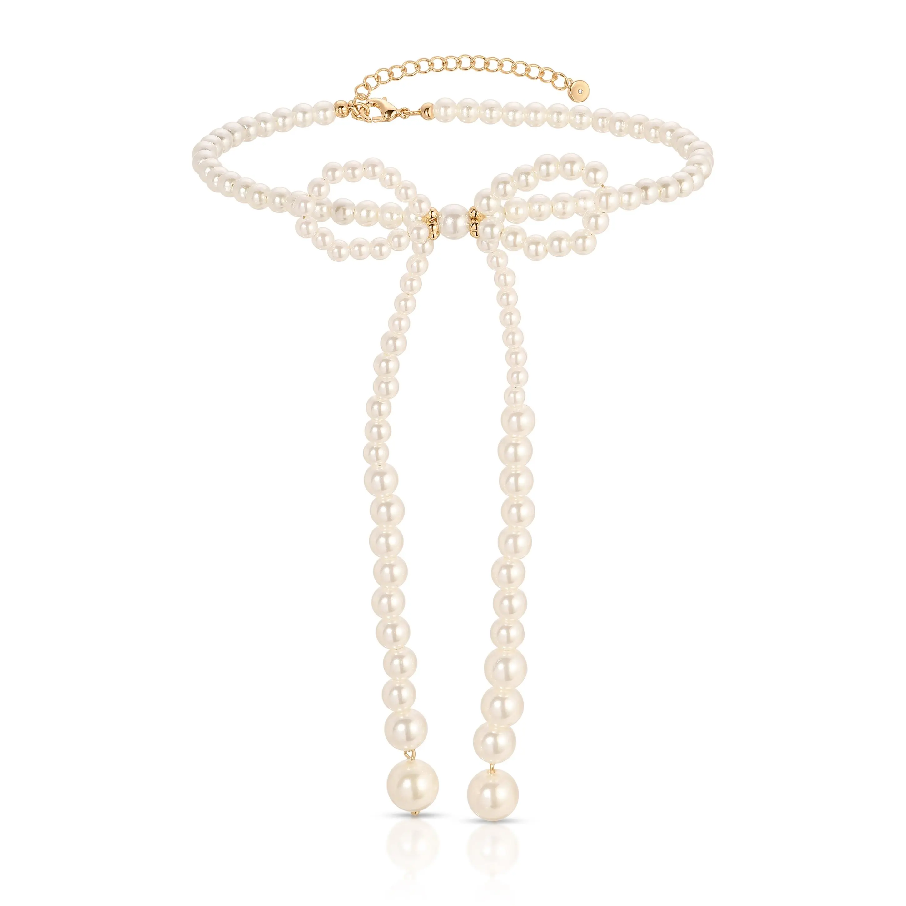 Venus Pearl Bow Lariat Necklace | 18K Gold Plated Pearl Bow Choker | Trendy Feminine Layered Pearl Necklace for Women