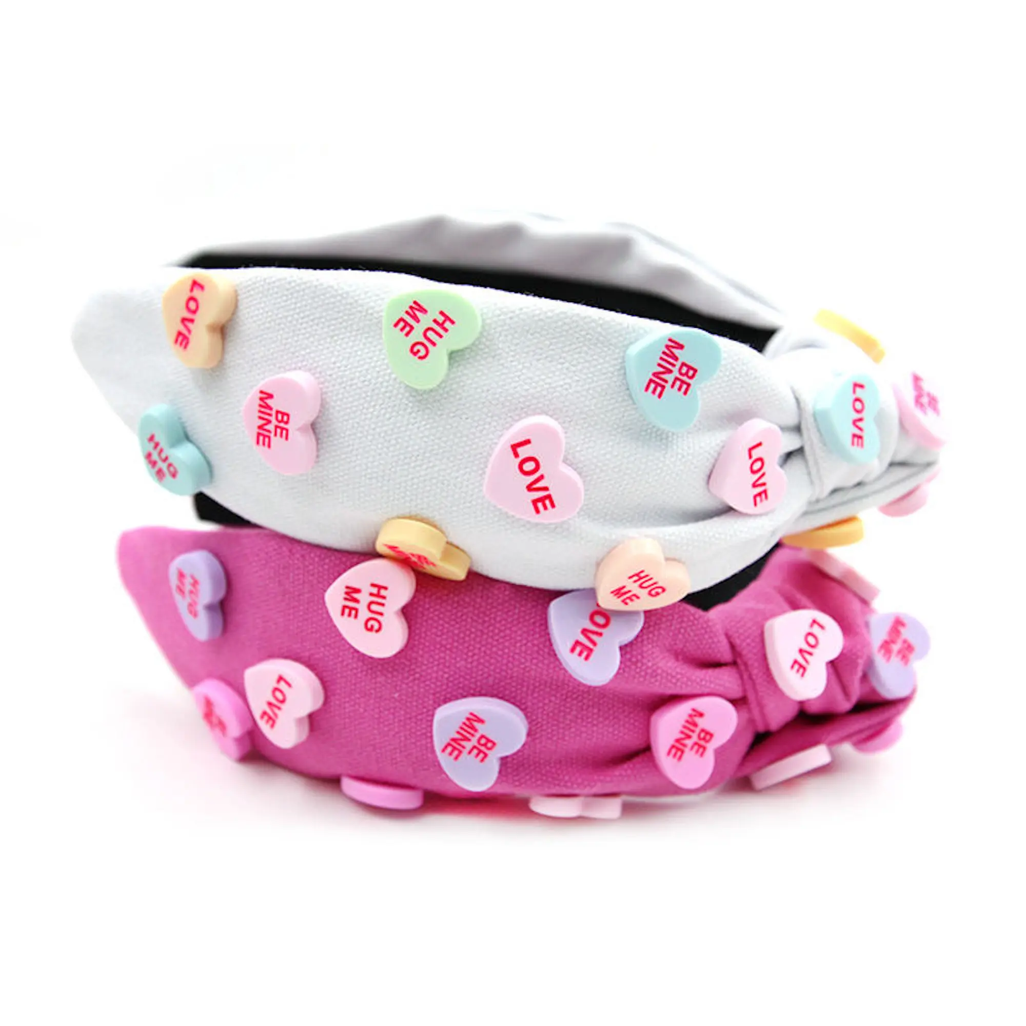 Conversation Heart Headband Luxury Knotted Headband with Heart Gems Valentines Day Jeweled Embellished Headband Hot Pink White Flexible Band Canvas Fabric