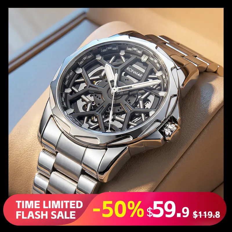 RONMAR Men's Stainless Steel Automatic Analog Watch, Big Dial Luxury Business Wristwatch, Large Face Skeleton Designer Watch, Analog Watches