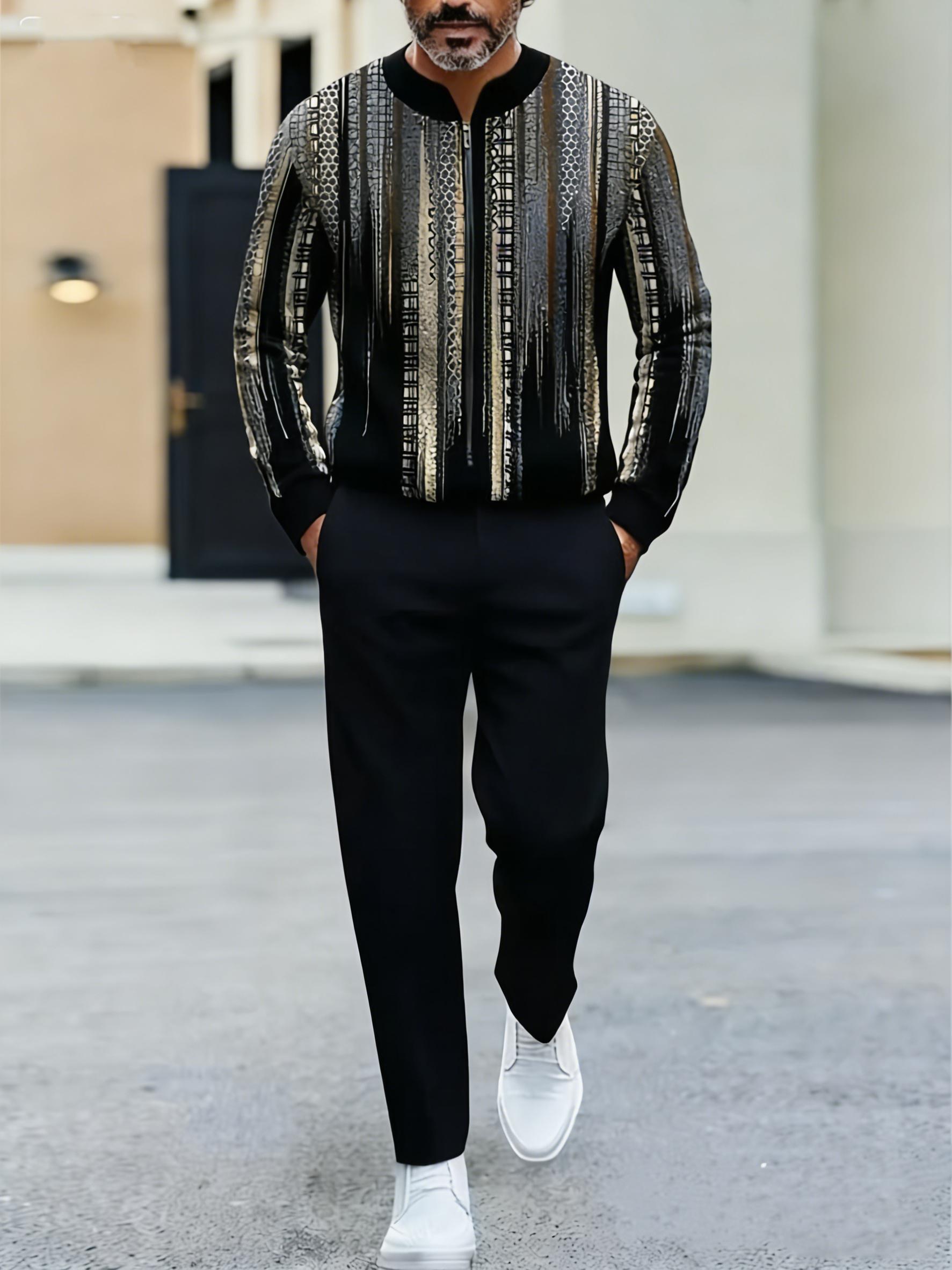 Street style men's striped long sleeved top paired with black casual pants for a two-piece street casual outfit