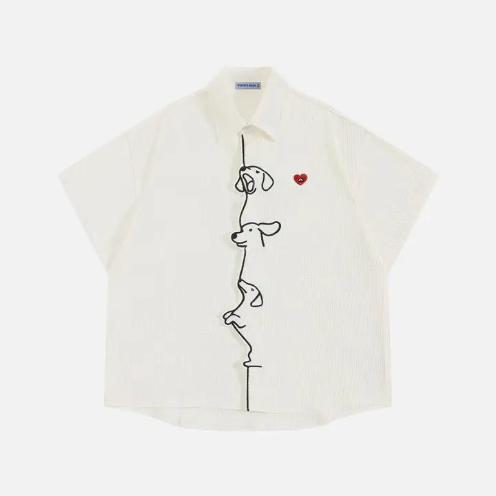 Aelfric Eden Boxy Dachshund Embroidery Short Sleeve Shirt Playful Dachshund Line Embroidery Waffle Fabric Classic Point Collar Unisex Retro Casual Summer Top,clothes for back to school,first day of school outfits