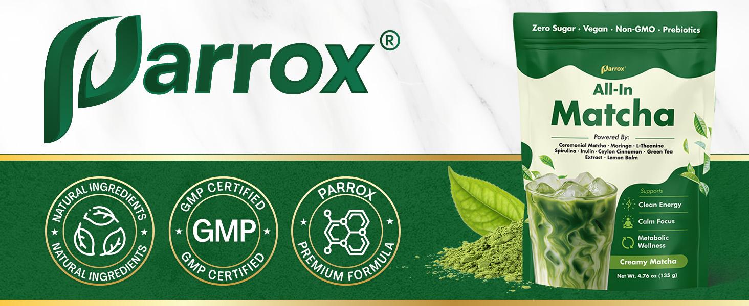 Parrox All-In Matcha with L-Theanine, Green Tea Extract & more for Clean Energy, Calm Focus, & Metabolic Healthcare - Ceremonial Grade - 100% First Harvest Japanese Tea (30 Servings)