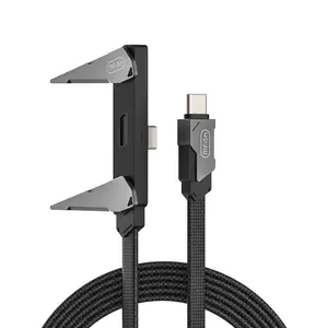 MFish Armored Pterosaur 240W Braided Fast Charge USB-C Cable - 90-Degree T-Shaped Foldable Durable Cord with Built-In Phone Stand, Multi-Functional Charger Cord for Mobile Phones, Black