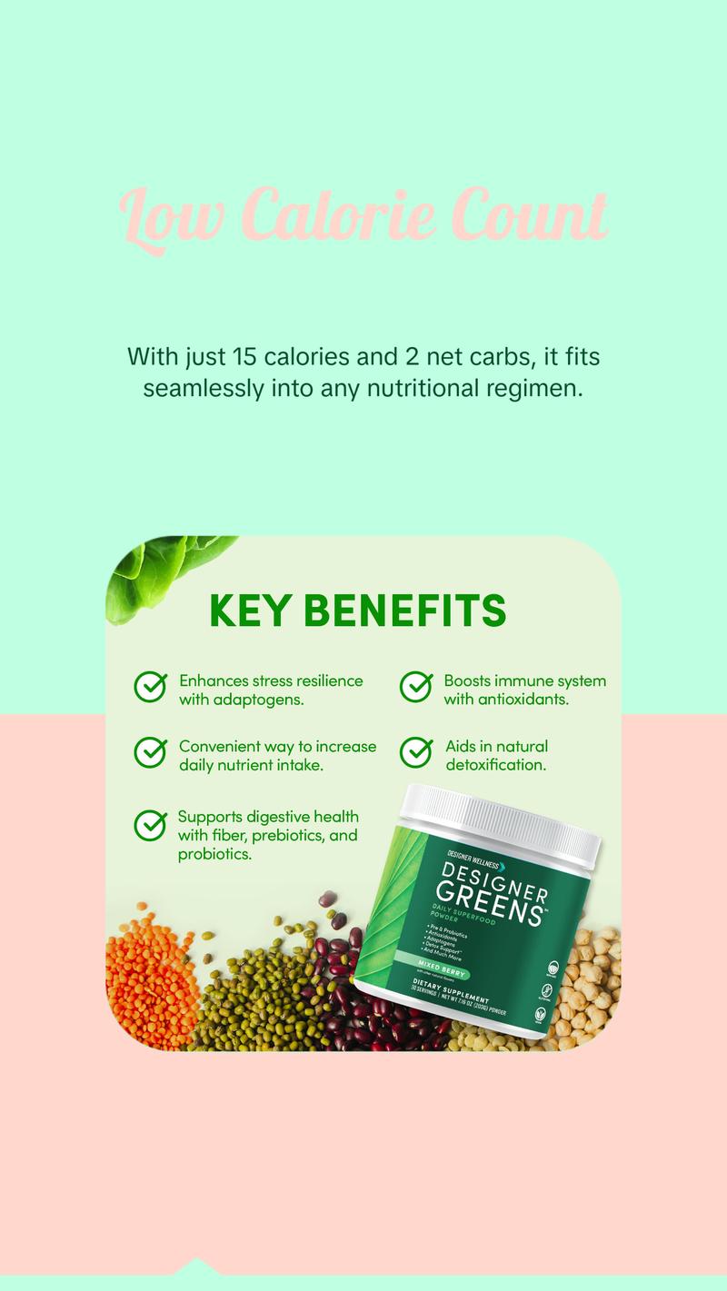 Designer Wellness, Designer Greens Superfood Powder with Prebiotics, Probiotics, Antioxidants, and Detox Support, 30 Servings