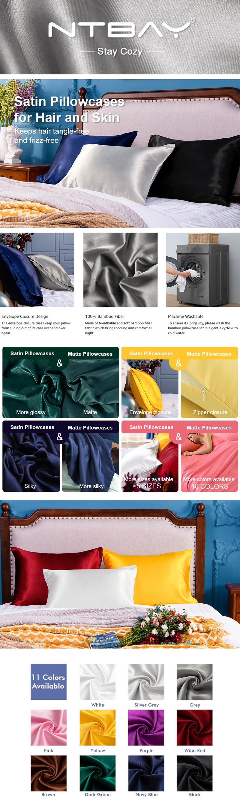 NTBAY 2 Pack Satin Pillowcases for Hair and Skin, Luxurious and Silky Pillow Cases with Envelope Closure NTBAY 2 Pack Satin Pillowcases for Hair and Skin, Luxurious and Silky Pillow Cases with Envelope Closure