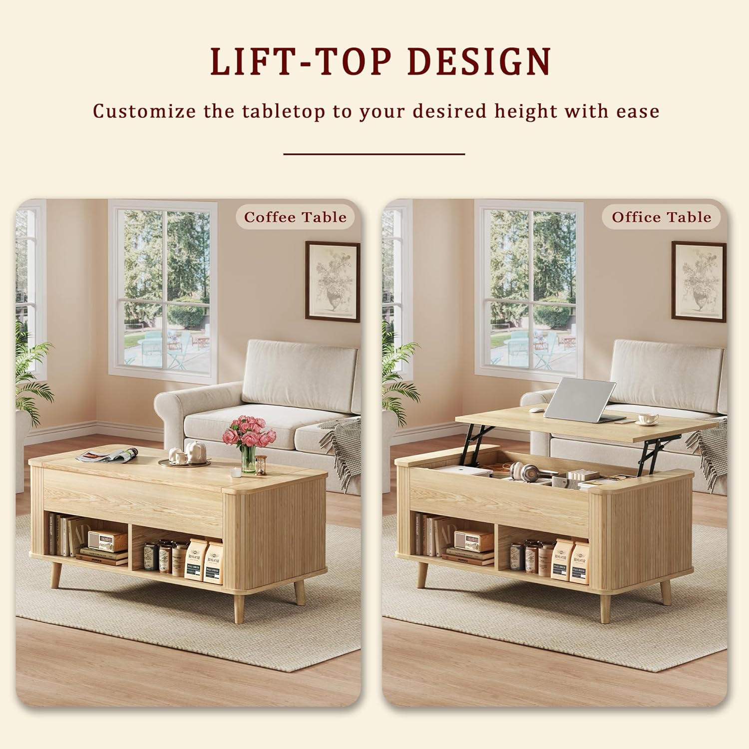 Lift Top Coffee Table with Storage, 41" Mid Century Modern Coffee Table with Fluted & Curved Profile Design, Hidden Storage Compartment, Lower Shelf Center Table for Living Room Office, Oak