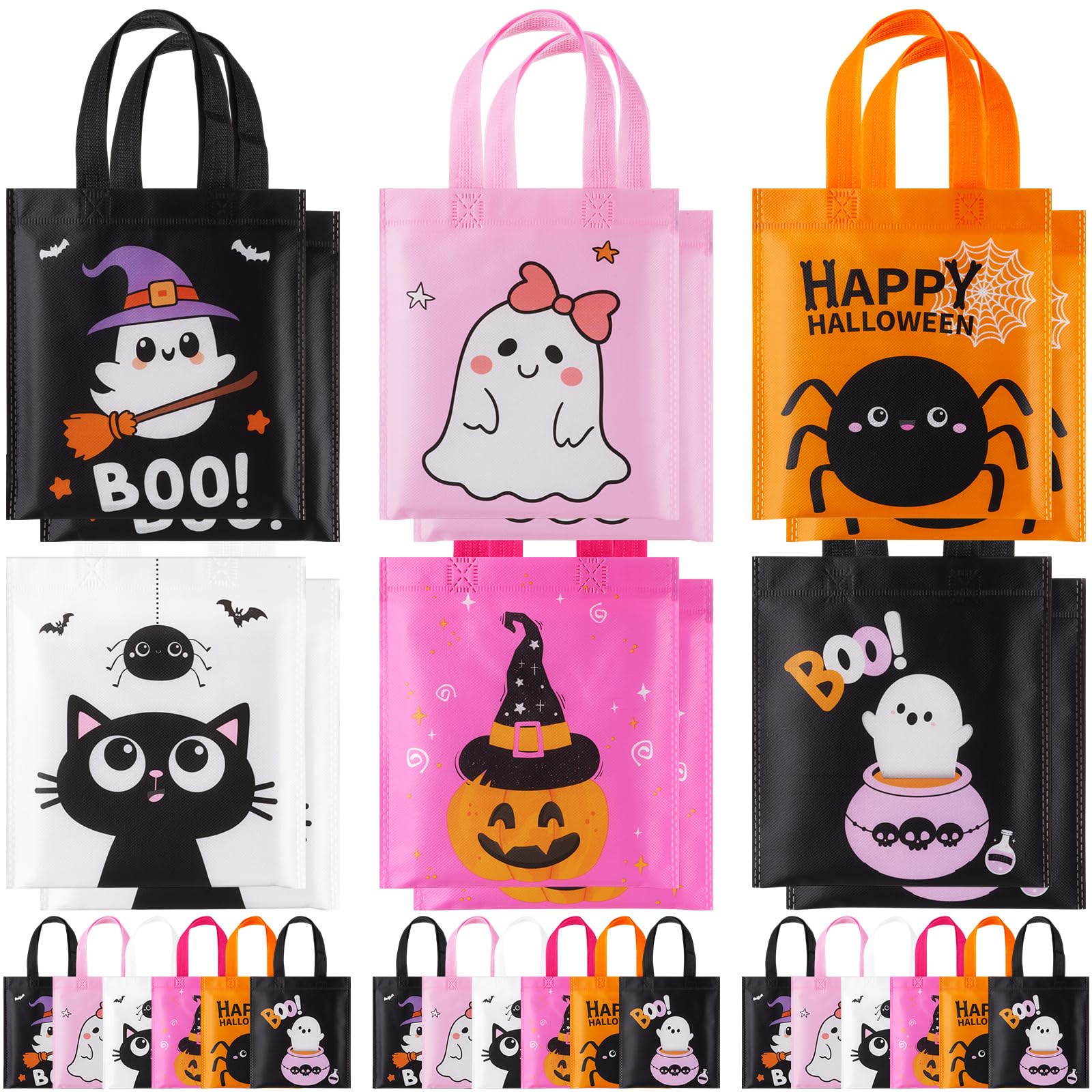 30 Pcs Halloween Candy Bags Non Woven Gift Bags with Handle Trick or Treat Bags with Ghost Vampire Zombie Bat Black Cat Patterns,Snack Goodie Bags for Students Adults,Halloween Birthday Party Favor Supplies