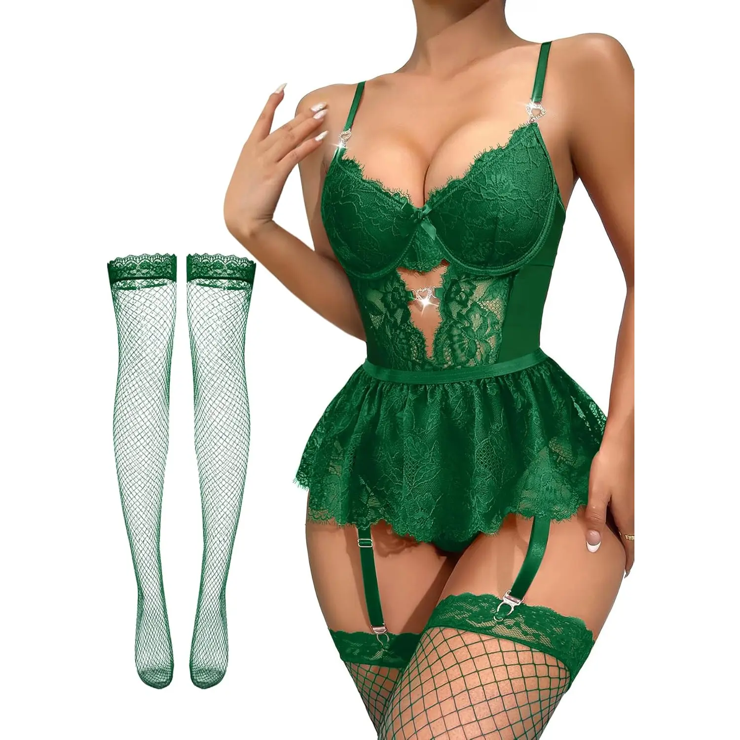 Lilosy Women's Elegant Floral Lace Bodysuit Babydoll Lingerie Set - Rhinestones Heart Garter, Mesh Sheer Skirt, Underwire Support, Soft Fabric, for Special Occasions
