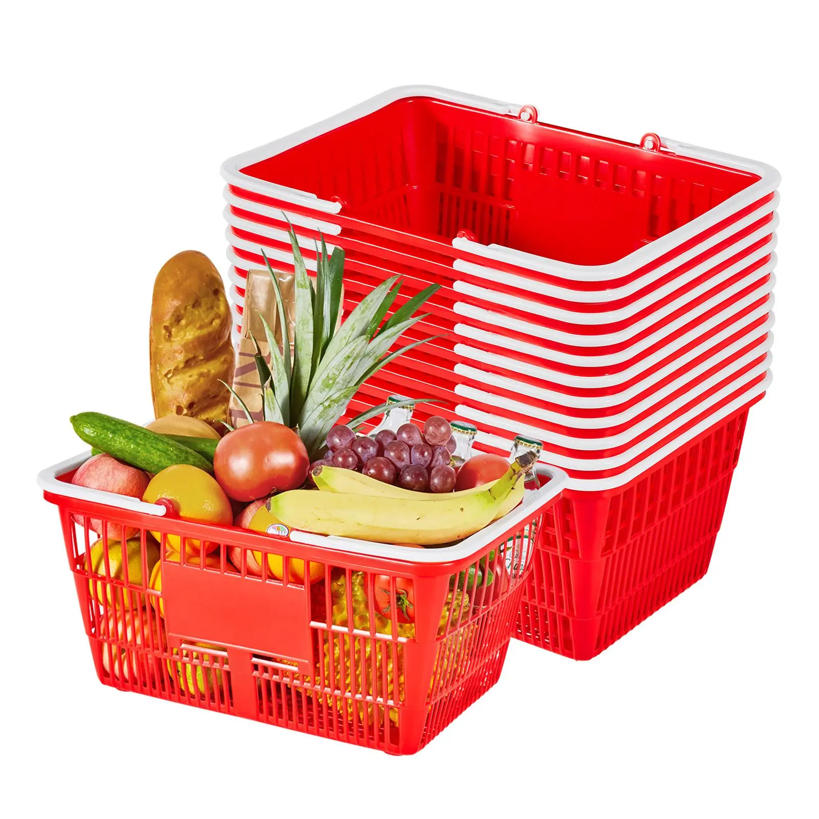 【SummerFinds】VEVOR 12-PC Stackable PE Plastic Fruit Vegetable Basket Organiser Set, 21L Dual-Handled Carry Basket, Dense Mesh Structure, 20 lbs Capacity, Smooth Handles for Home Storage, Grocery Retail Use