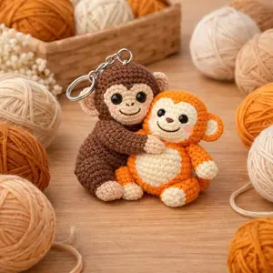 Punch Monkey Crochet Keychain, Amigurumi Monkey Hugging Plush, Handmade Cotton Yarn Bag Charm