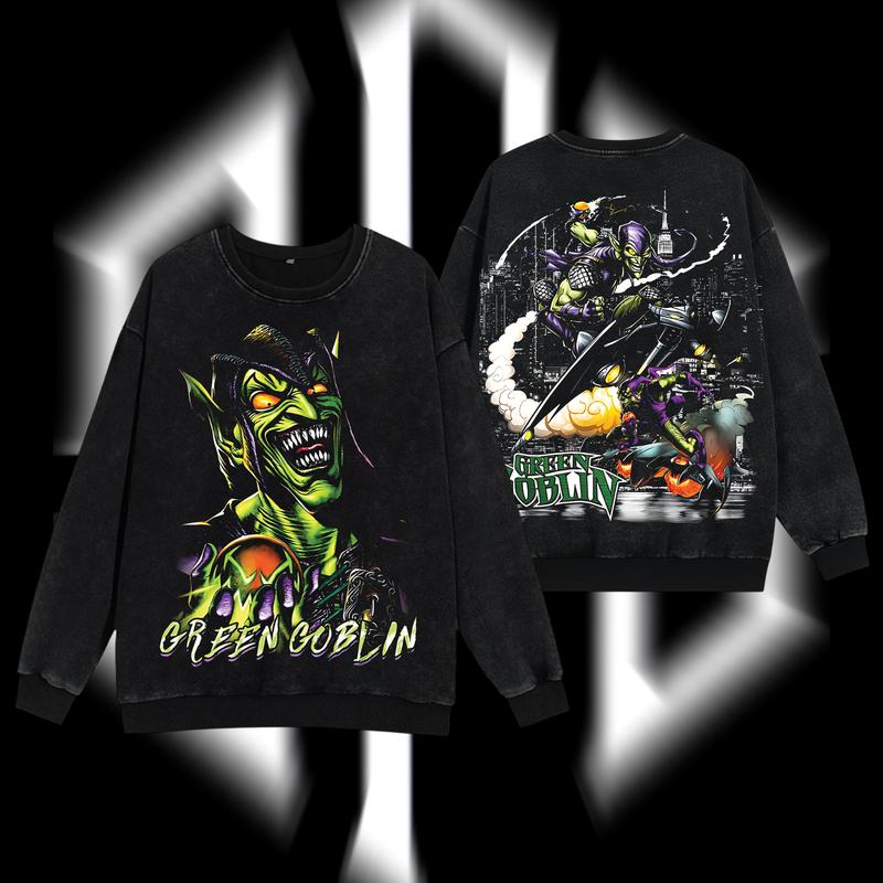 Superstyle The Supervillain Green Goblin "Norman Osborn" Spidey-man Superhero MCU Comics Edition Double Printed Oversize Lightweight Acid Washed Tee Hoodie Sweater TV Series Graphic Design Top Cotton Streetwear Comic Superheroes T-Shirt Clothes Menswear