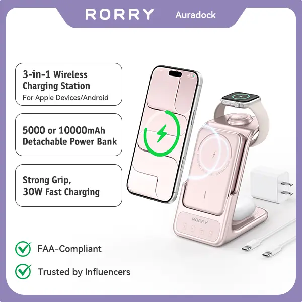 RORRY Aurodock 3-in-1 Magnetic Charging Station with 10000mAh Detachable Power Bank, 30W PD Magsafe Charger for iPhone, Apple Watch, AirPods, Portable Charger, Phone Accessories