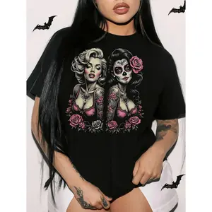 Gothic Sugar Skull PinUp Print Casual Short Sleeve Crew Neck T Shirt for Women Spring Summer Comfortable Holiday Gift