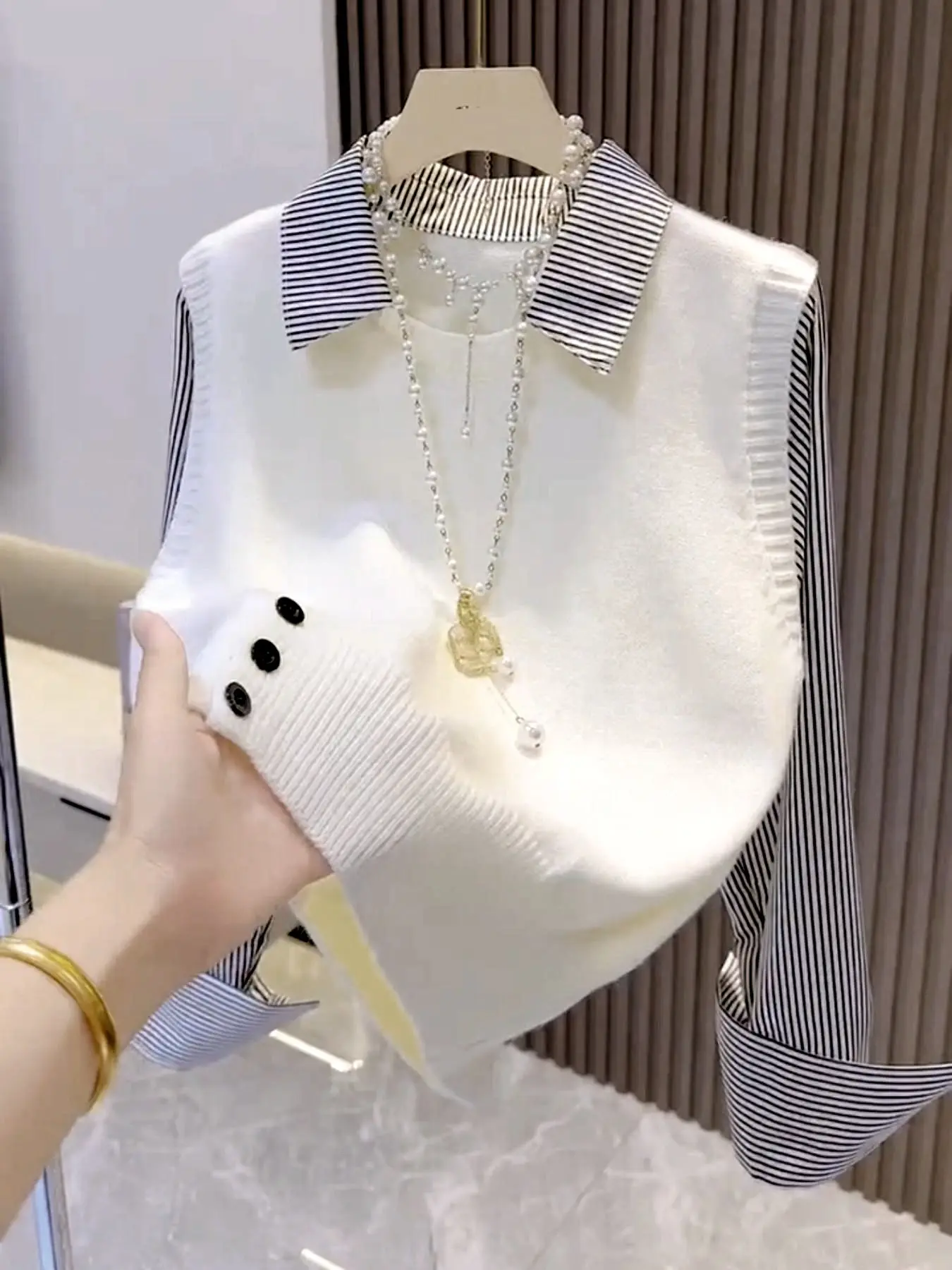 Women's Fall Fashion Knit Vest & Striped Long Sleeve Fitted Shirt Set, Casual Two-Piece Tops, Stylish Daily Wear, New Arrival 2026