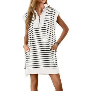 Wenrine  Women's Striped Mini Dress Casual Zipper Cap Sleeve Collared V Neck Loose Knit Summer Dresses