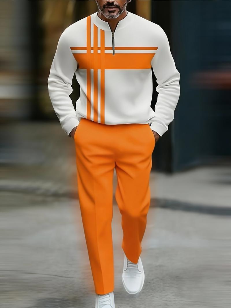 Half Zipper Fashion Casual Set with Trendy Personalized Stripe Design Simple Comfortable Versatile Sportswear Clothing