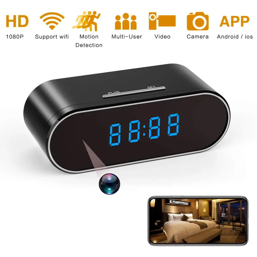 WiFi Camera Clock HD 1080P for Home, Office, Indoor Surveillance Camera Support 2.4G/5G Wifi  Wireless Camera with Motion Detection/Night Vision Nanny Cam Security Camera Phone Recording Stream Remote Card Monitoring Sd