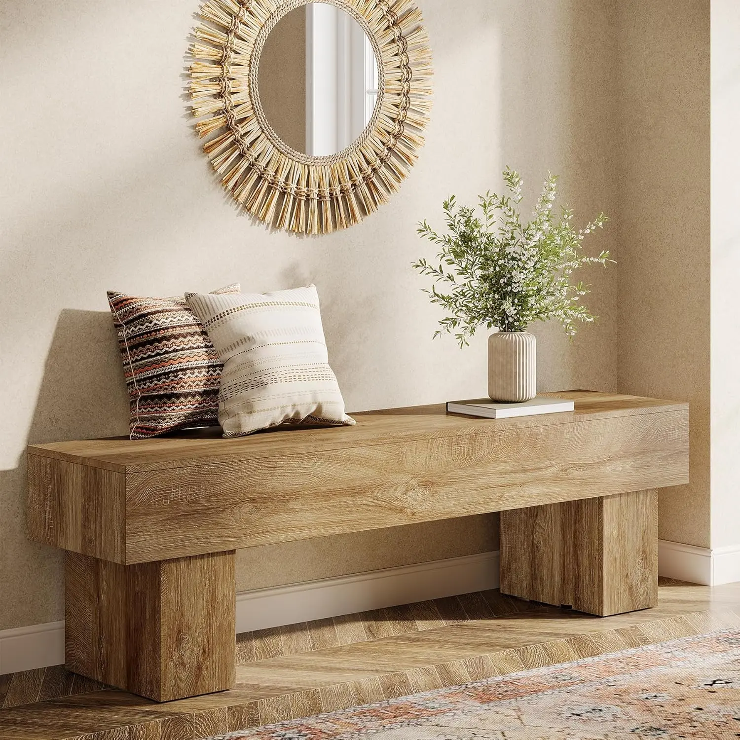 LITTLE TREE 63“ Extra Long Dining Bench, Farmhouse Wooden Entryway Bench, Indoor End of Bed Bench for Bedroom, Living Room, Dining Room, Hallway, Light Brown