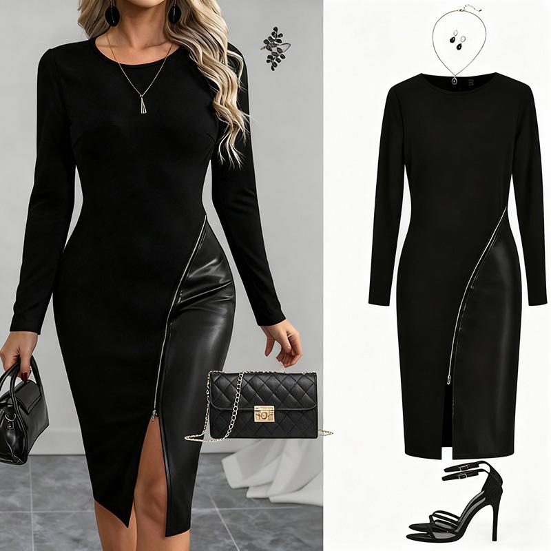 Women's Stylish Elegant Dress Slim-Fitting Figure-Flattering Long-Sleeved PU Leather Panel Zipper Closure All-Season Wear Formal Minimalist Party Workwear Womenswear