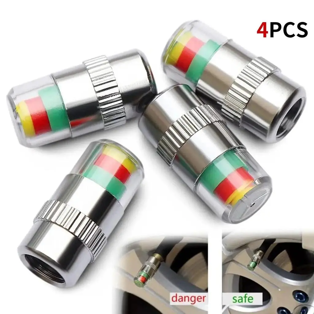 [4PCS] Wireless Tire Pressure Monitoring Valve Caps – External TPMS with Visual Color Warning, Universal Fit for Cars, Motorcycles & Bicycles – Copper Core, Easy Installation, Pressure Gauge Monitor, Safety Tire Cap Detector