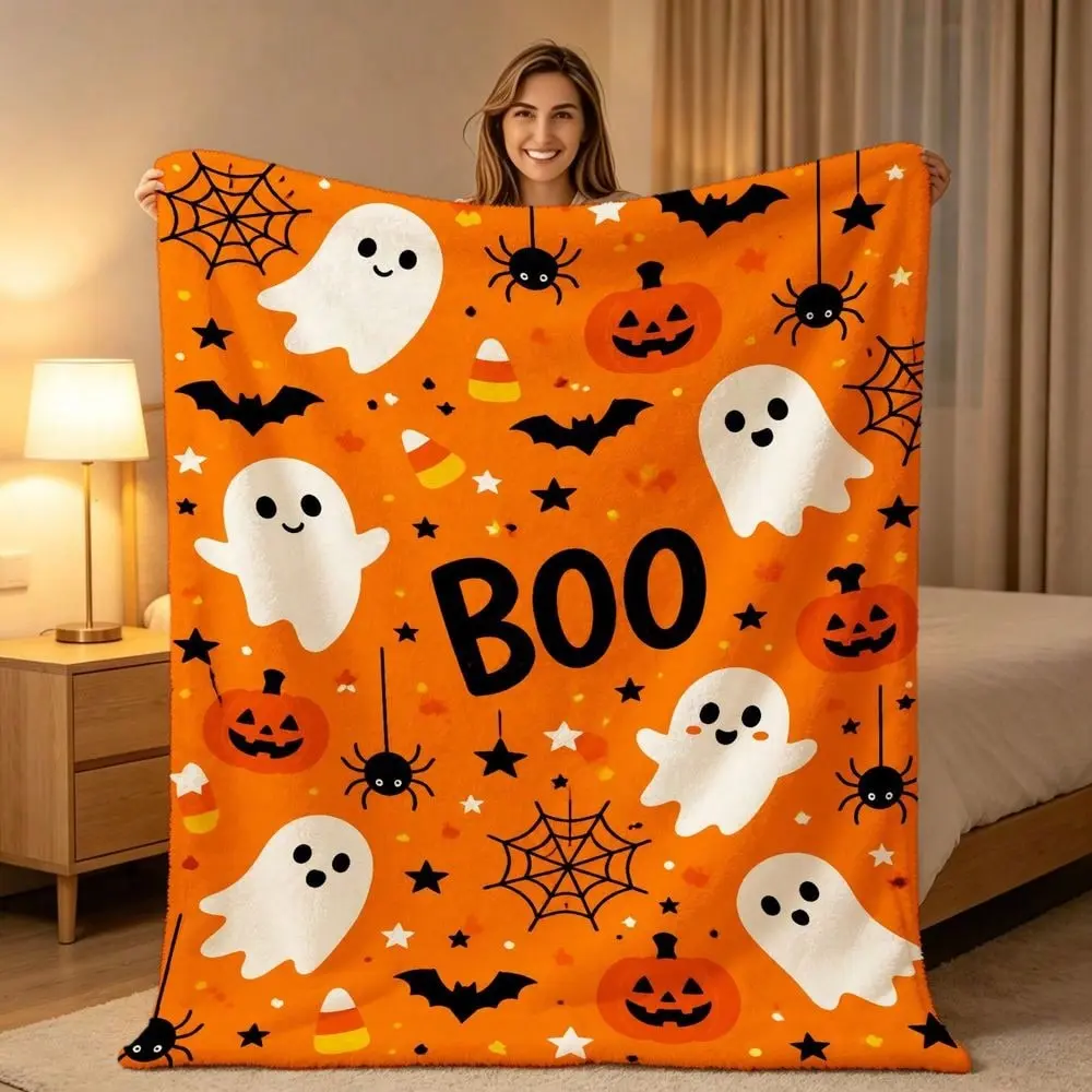 100% Polyester Halloween Flannel Throw Blanket - Cozy, Soft, Lightweight Decorative Bedding with Cute Ghost, Pumpkin, Bat, Candy Corn Patterns for Sofa, Living Room Halloween Decorations, Holiday Gifts