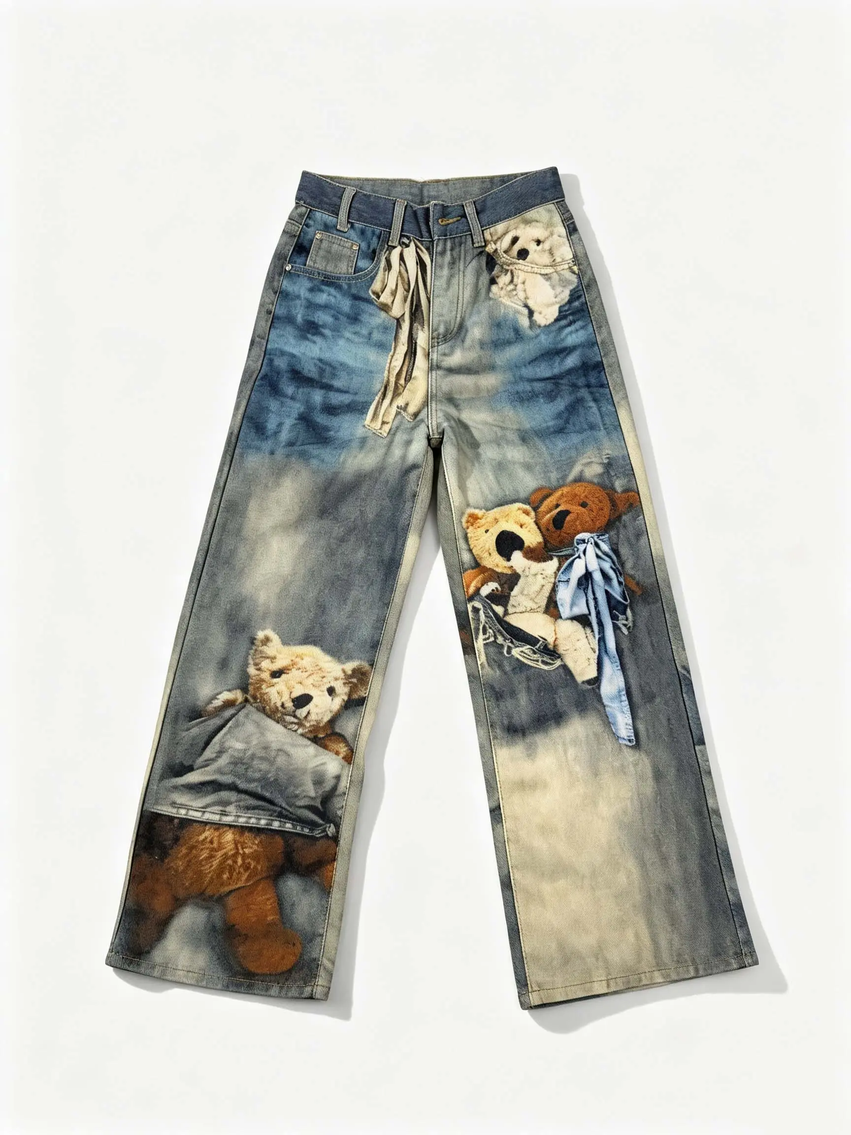Y2K Vintage Bear Print Wide Leg Jeans High Waisted Tie Dye Gradient Denim Pants 3D Teddy Graphic Ribbon Detail Flattering For Pear Shape Alt Girl Streetwear Festival Daily Outfit