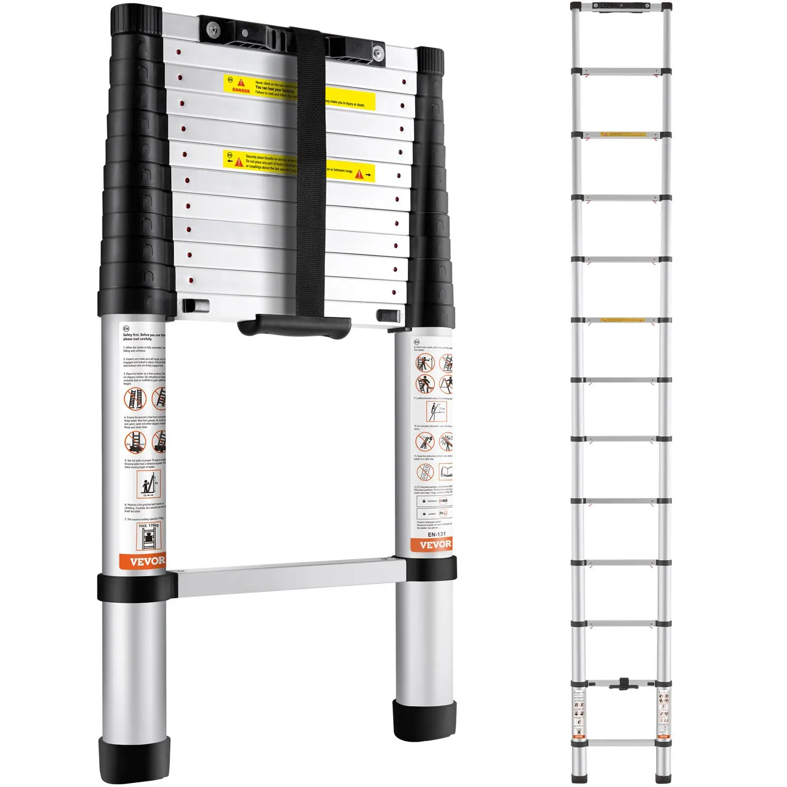 【Summerfinds】VEVOR Telescoping Ladder,    Aluminum One-button Retraction Collapsible Extension Ladder, Capacity with Non-slip Feet, Portable Multi-purpose Compact Ladder for Home, RV, Loft, ANSI Liste