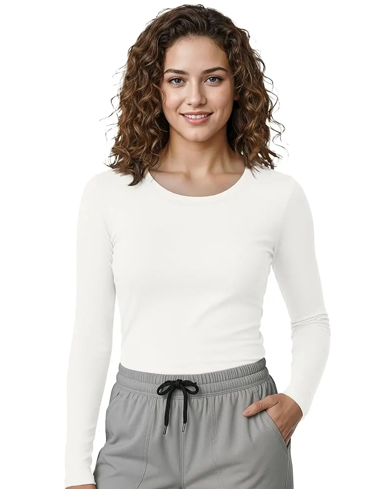 NY Threads Women's Underscrub T-Shirt - Soft & Stretchy Cotton Blend Long Sleeve, Comfortable Slim Fit, Round Neck Undershirt, Basic Tops for Everyday Casual Workwear