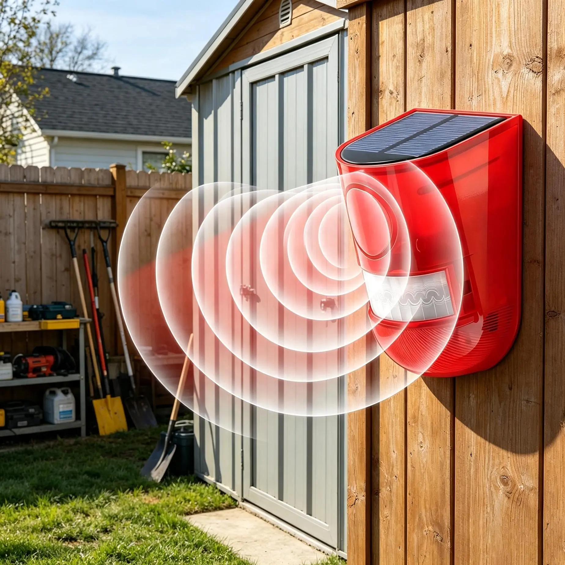 Solar Motion Sensor Alarm 129db Outdoor Strobe Light,Red | Waterproof Security Siren with Sound, Motion Detector for Driveway and Farm, Overnight Deterrent Flash Warning System