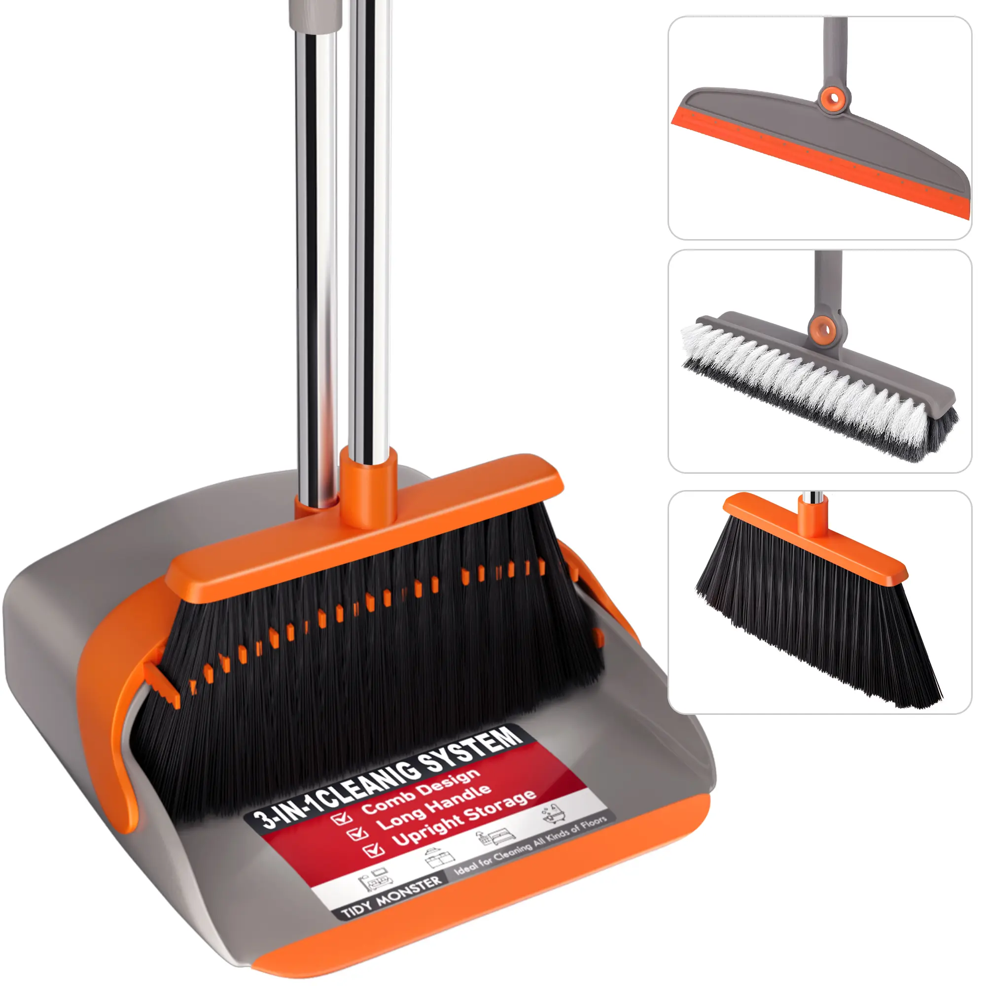 Broom with Dustpan Combo Set, 3-in-1 Upright Cleaning System with Interchangeable Broom, Scrub Brush & Squeegee Heads, 52" Long Handle, Self-Cleaning Teeth for Indoor Outdoor Use