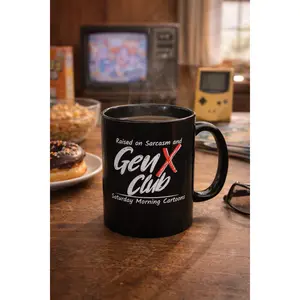 Gen X Club Retro Logo Mug | Raised on Sarcasm Saturday Morning Cartoons