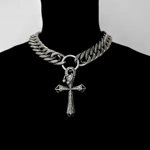 Stainless Steel Gothic Cross Choker with Nose Ring Piercing Statement – Punk Y2K Necklace