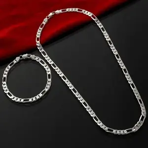 Men's chain bracelet necklace set 4MM plated 925 silver chain, wear-resistant, antioxidant, skin-friendly and hypoallergenic, men's Valentine's Day gift Men Accessories