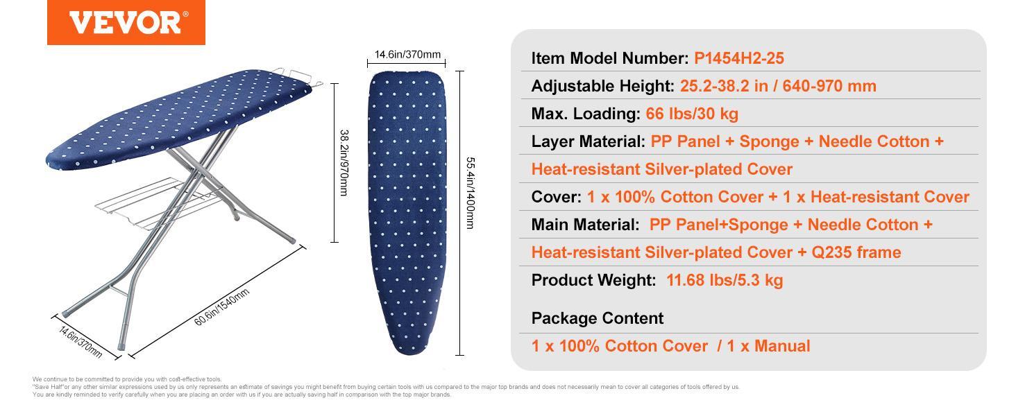 VEVOR Ironing Board with Bottom Storage Tray, Thickened 4 Layers Iron Board with Heat Resistant Cover and 100% Cotton Cover, 10 Adjustable Heights Ironing Board for Home Laundry Room Use (Size 55x15)