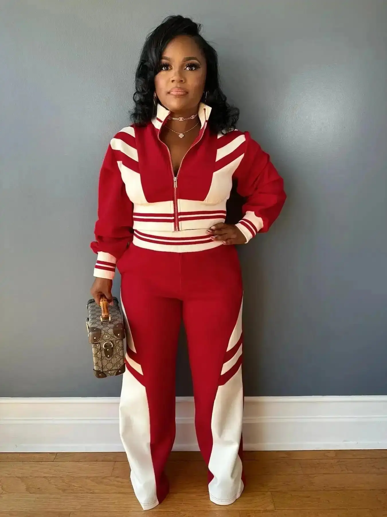 Women's Colorblock Print Zip Up Crop Jacket & Pants Two-piece Set, Casual Matching Fashion Cozy Breathable Two Piece Outfits for Daily Outdoor Wear, Women Clothes Fall Winter on trend oversized lightweight stretch fit
