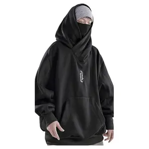 Unisex Oversize Ninja Double Neckline Cotton Hip Hop Hoodie Loose Casual Pocket Hooded Sweatshirts For Daily Outdoor Wear Men Tops Baggy Long Sleeve Black Stylish